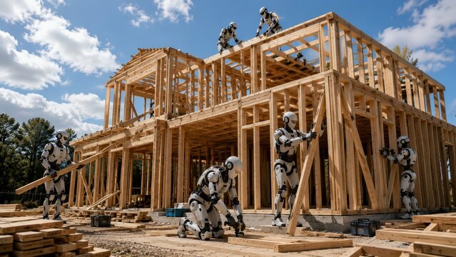Autonomous Humanoid Robots Building Wooden Frame House at Automated Construction Site