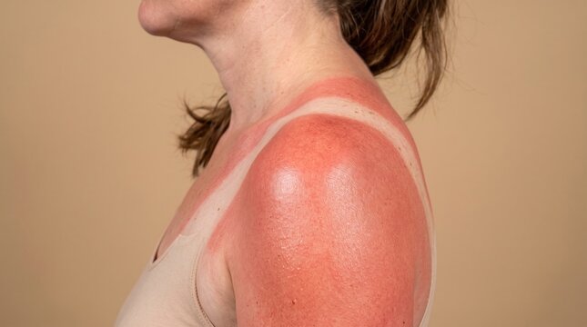 Side view of woman shoulder with severe red sunburn and strap lines