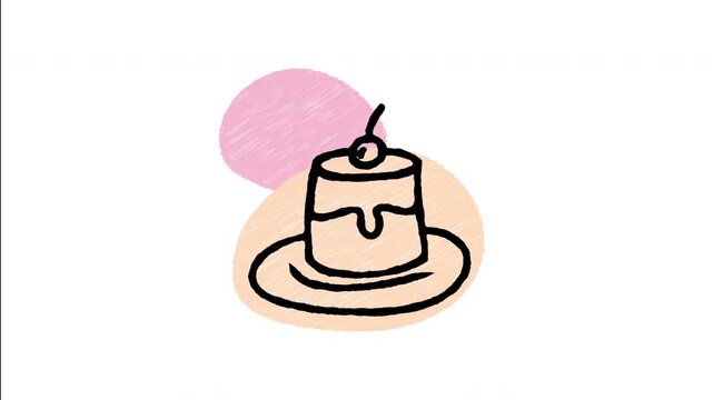 An animated hand-drawn smooth caramel custard pudding on a plate. Ideal for dessert menus, sweet treats, cafe snacks, and Japanese flan desserts