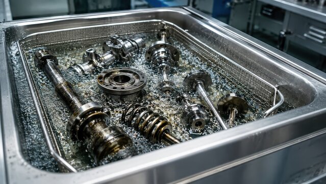Industrial ultrasonic cleaner washing oily metal parts and precision components in a stainless steel bath for maintenance and manufacturing.