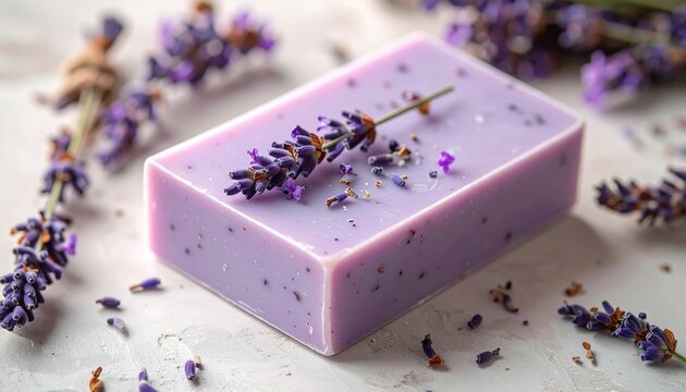 Handmade lavender soap bar decorated with dried flower buds, natural organic skincare concept, soft neutral background