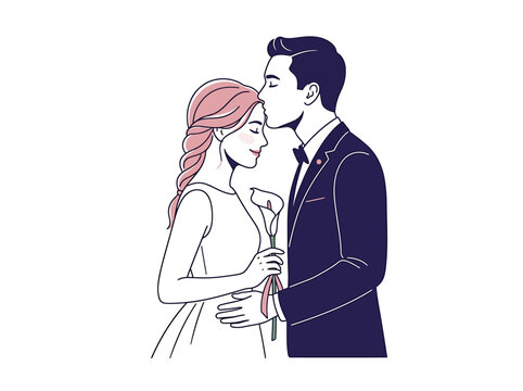 Couple embracing with flowers a minimalist vector illustration