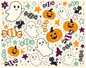 Fototapeta premium Playful Halloween characters with candy and stars in a cheerful pattern for festive design
