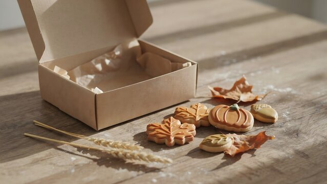 Open cookie box with fall decorated treats &ndash; Suitable for pastry shop ads, seasonal gift campaigns, or dessert packaging designs.