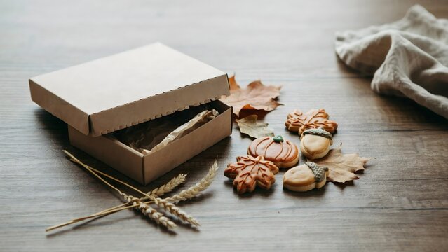 Kraft cookie box with autumn sugar cookies &ndash; Great for bakery packaging mockups, seasonal gift marketing, or food editorial content.