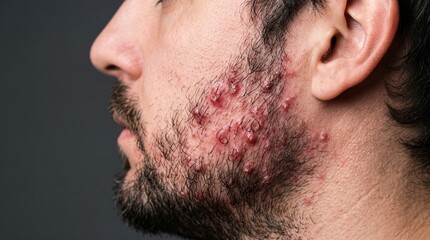 Fototapeta premium Severe Pseudofolliculitis Barbae and Ingrown Hair Pustules on Man Beard and Jawline