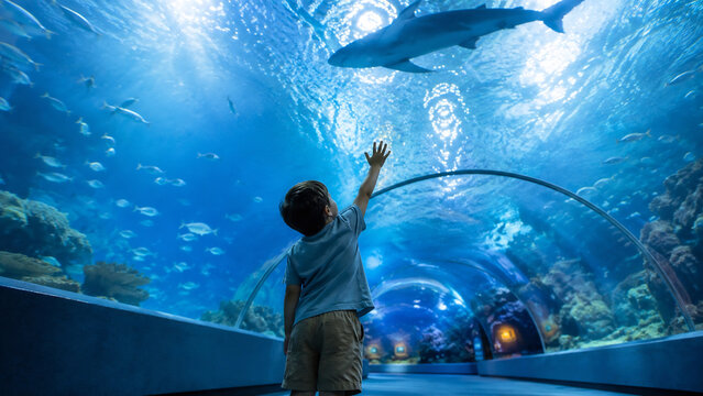Boy Reaching Up at Shark in Large Aquarium Tunnel