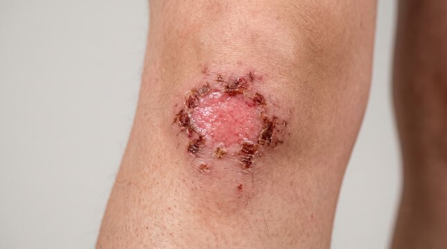 Scraped Knee Wound Abrasion with Healing Granulation Tissue and Scab Border