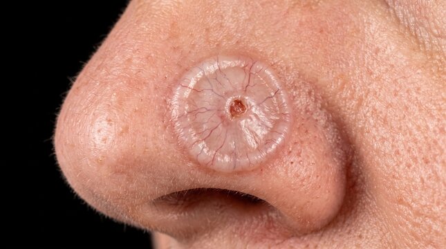 Macro Close Up of Basal Cell Carcinoma Pearly Nodule with Telangiectasia on Human Nose