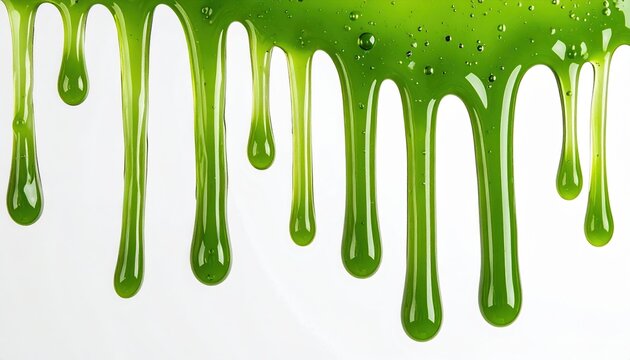 Viscous green slime or gel dripping downward in multiple smooth streams, clean white studio background, abstract texture design
