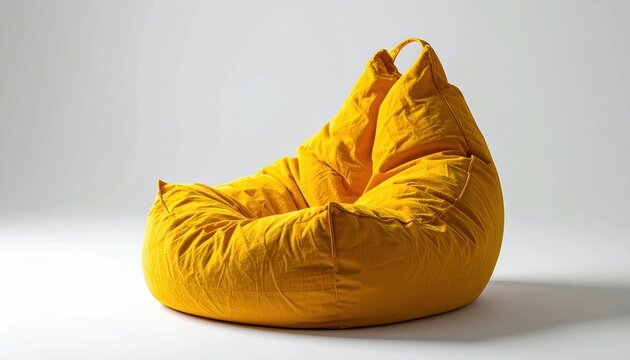 Yellow fabric bean bag chair with front handle, clean white studio background, modern furniture product photography