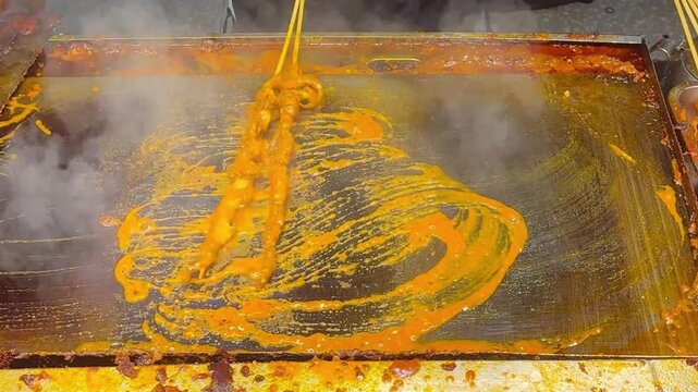 Korean Street Food &ndash; Grilling Squid and Octopus Skewers in Spicy Red Sauce at Outdoor Market Stall