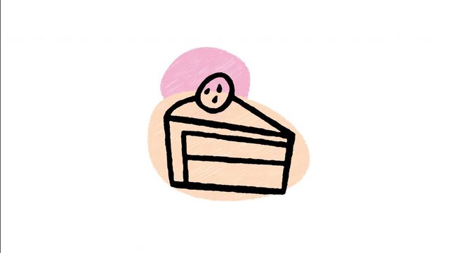 An animated hand-drawn triangular layered cake slice with top cream. Ideal for bakery cafes, birthday desserts, cake shop menus, and sweet slices