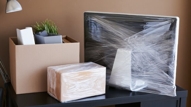 Boxes and a computer monitor wrapped in plastic film on a desk, suggesting packing or moving.
