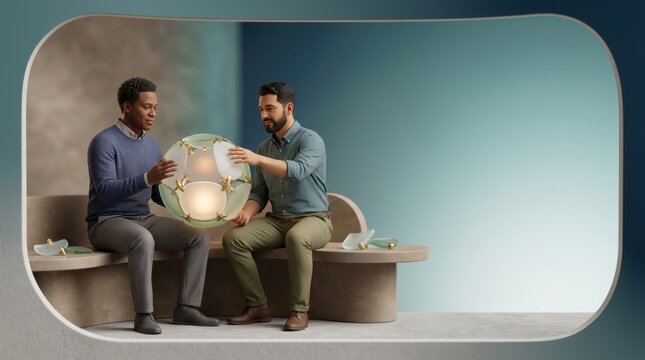 Two men discussing mental health and support while interacting with glowing orb