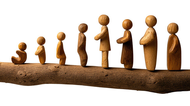 Wooden figures representing human life stages from childhood to old age, isolated on transparent background