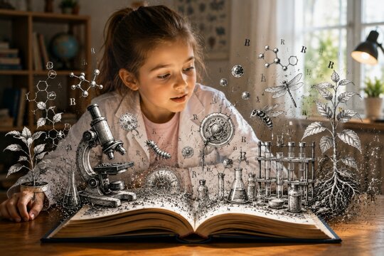 Girl Exploring a Magical Science Book