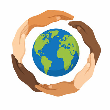 Diverse Human Hands Surrounding Earth Globe Symbolizing Global Unity Cooperation Protection and World Peace Flat Vector Illustration