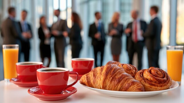 A close-up of breakfast with coffee, croissants, cinnamon rolls, and orange juice, with a blurred group of businesspeople conversing in the background.