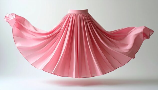 Pleated pink skirt displayed elegantly, clean white studio background, fashion product photography, soft fabric texture and natural folds