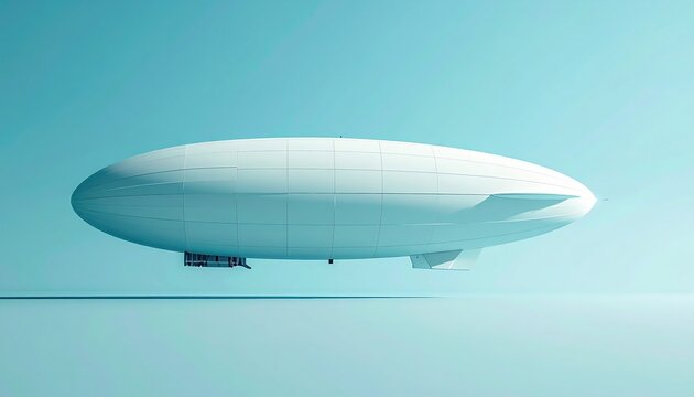 White blimp airship with smooth aerodynamic body, clean pale blue background, aviation and futuristic transportation concept