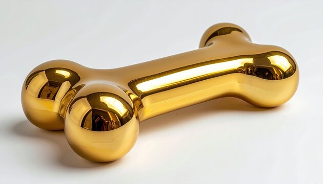 Polished gold dog bone shaped object with reflective metallic surface, clean white studio background, luxury pet accessory concept