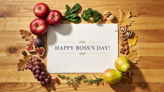 Happy Boss's Day greeting card, autumn harvest frame with red apples and pears, rustic wooden background with fall leaves