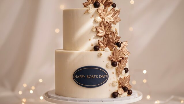 Elegant Happy Boss's Day cake, two-tier white cream cake with gold autumn leaves, professional celebration dessert with bokeh lights