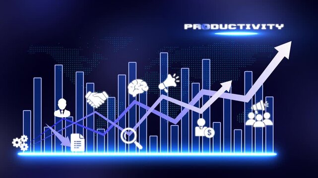 Business Productivity Animation with Growth Charts, Performance Analytics, Teamwork, Strategic Planning and Workflow Optimization for Corporate Success
