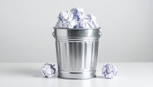 Silver metal trash bin filled with crumpled white paper balls, clean white office background, recycling and workplace concept