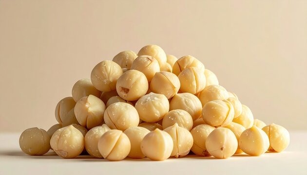 Organic macadamia nuts arranged in a natural heap with smooth shells, clean cream background, premium food photography
