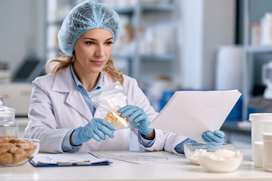 Food specialist reviewing allergen information for packaged food verification