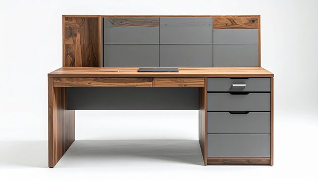 Modern wooden office desk with gray side panel and compact drawers, minimalist furniture product photography, isolated on white background