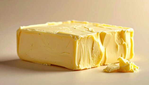 Fresh block of creamy butter with smooth texture, clean light beige background, baking and cooking ingredient photography