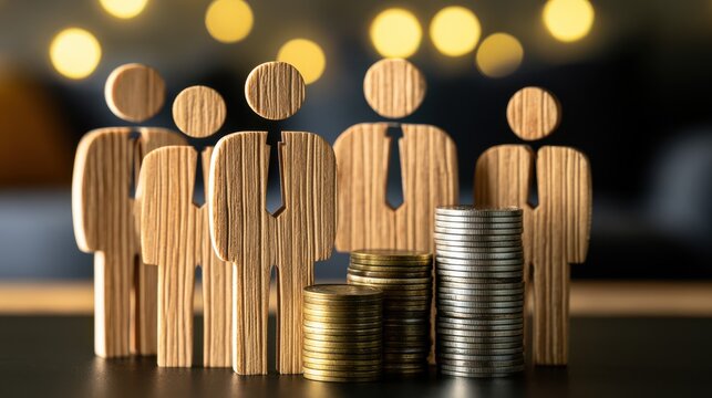 Wooden figures representing businesspeople stand behind stacks of coins symbolizing financial growth and wealth distribution.