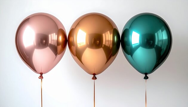 Three metallic foil balloons in teal, rose gold, and gold, clean white studio background, elegant party decoration photography