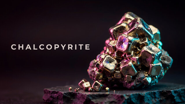 Natural iridescent chalcopyrite crystal specimen with metallic golden cubic formations closeup