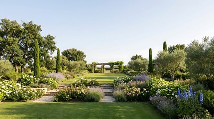 Fototapeta premium Beautiful lush garden with a wooden pergola and stone steps on a bright sunny day in the countryside. garten im sommer