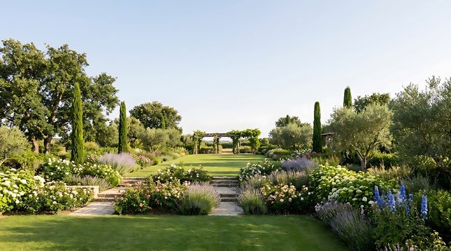 Beautiful lush garden with a wooden pergola and stone steps on a bright sunny day in the countryside. garten im sommer