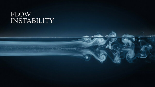 Scientific visualization showing fluid flow instability with smokelike patterns moving across a dark background