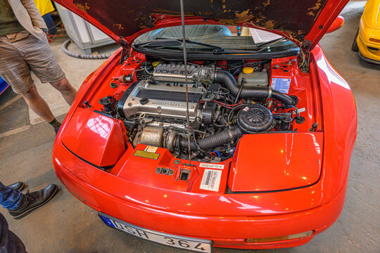 Gothenburg, Sweden - May 30 2026: Open engine bay of red Lotus Elan sports car.