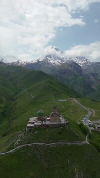 Aerial View of Gergeti Trinity Church and Mount Kazbek, Georgia