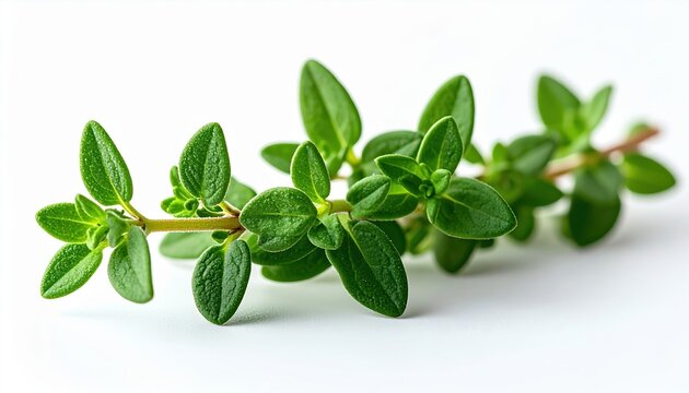 Fresh green thyme sprig with delicate leaves, clean white background, culinary herb photography