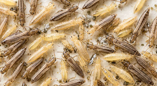 A clustered thrips insect infestation on a light surface