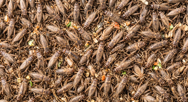 Feeder crickets actively feeding among grain and mixed vegetable pieces