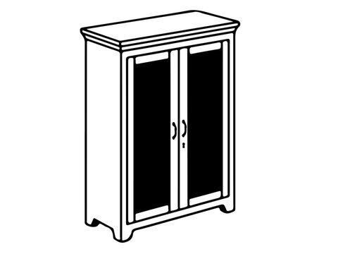 Vintage Wooden Almirah Line Art, Double Door Wardrobe Outline Icon, Vector Furniture Design Illustration