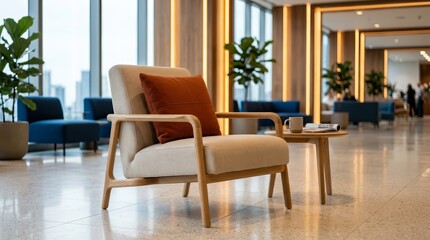 Fototapeta premium Modern comfortable armchair in a premium waiting lounge with soft lighting.