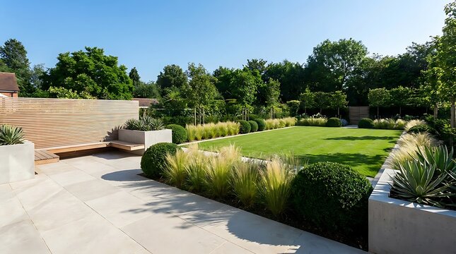 Modern landscaped residential backyard garden with green grass lawn wooden fence and decorative plants. garten im sommer