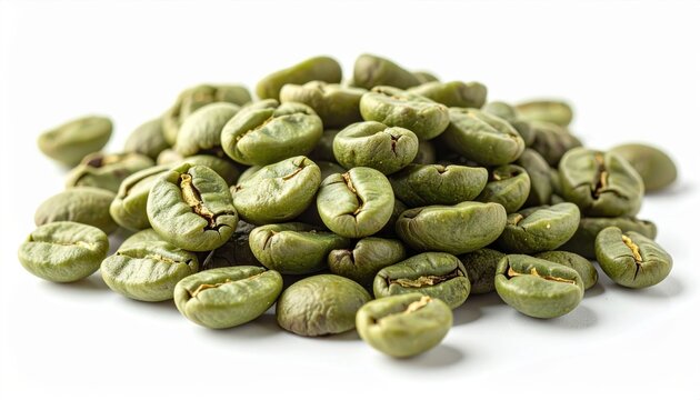 Unroasted organic green coffee beans arranged in a natural pile, clean white background, premium coffee product photography