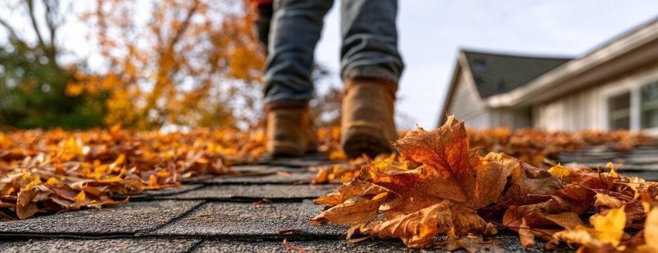 Worker on autumn roof covered in leaves